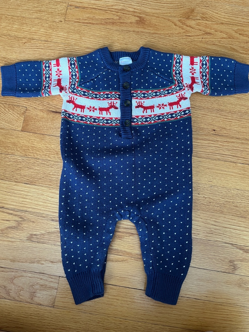 Hanna Andersson Navy Knit Reindeer One-Piece with Red and White Accents